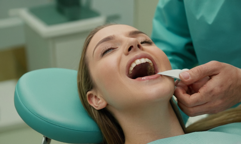 Cierre de venaderos dentales y manos colocandolos en dientes en una silla de dentistas.