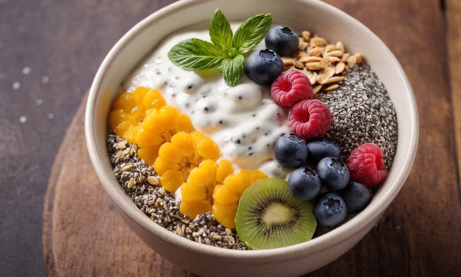 Un cuenco que contiene semillas de chia y yogur con varios toppings y beneficios de salud listados alrededor.