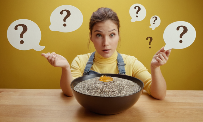 Una persona mezclando semillas de chia con yogur y miel en un tazón, con una burbuja de habla y marcas de preguntas.