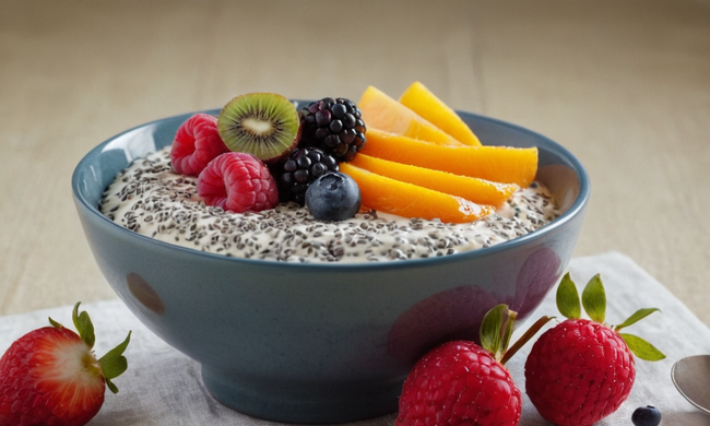 Un tazón de yogur con semillas de chia y fruta, rodeado de información sanitaria.