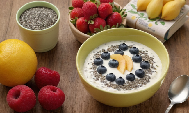 Un tazón de semillas de chia mezcladas con yogur y fruta, con una cuchara y libro de recetas cerca.