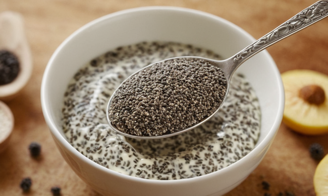 Una cuchara que sostiene semillas de chia en yoghurt, rodeado de iconos de efectos beneficiosos para la salud.