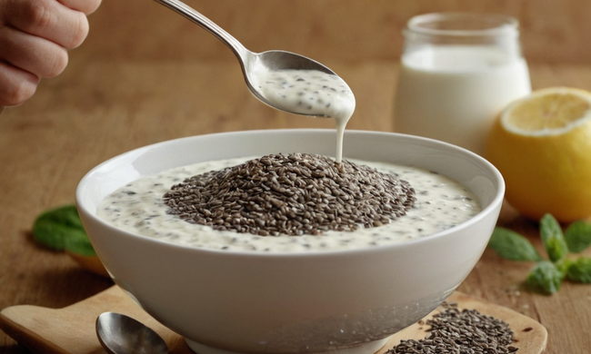 Semillas de chia derramando en un tazón de yogur con cucharas y una cucharada tomada.