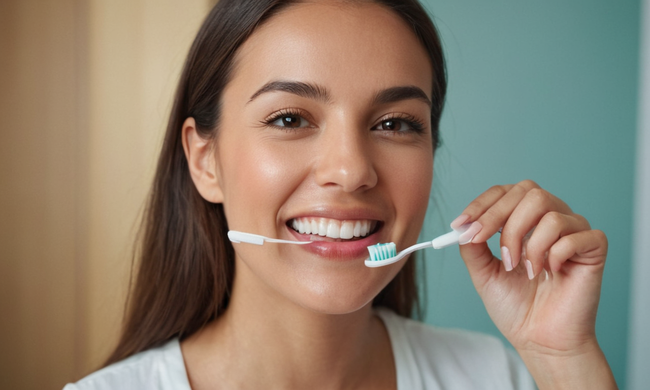 Mujer sonriendo con dientes de cepillado junto al hilo dental y un fondo de ilustraciones de la boca limpia.