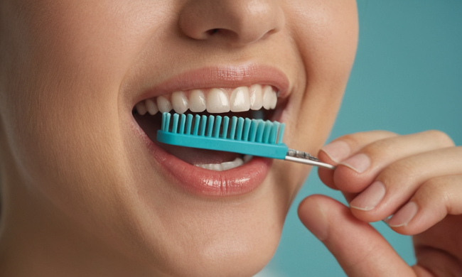 Una persona sonriente con un cepillo interdental, con ilustraciones de boca abierta de dientes limpios.