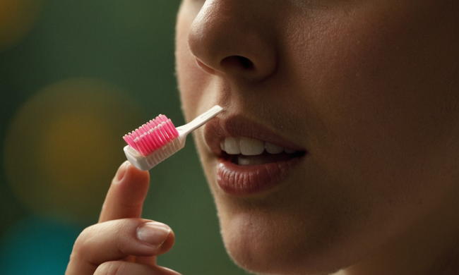 Persona sosteniendo un cepillo de dientes con preguntas relacionadas con el uso de hilo dental apareciendo como burbujas.