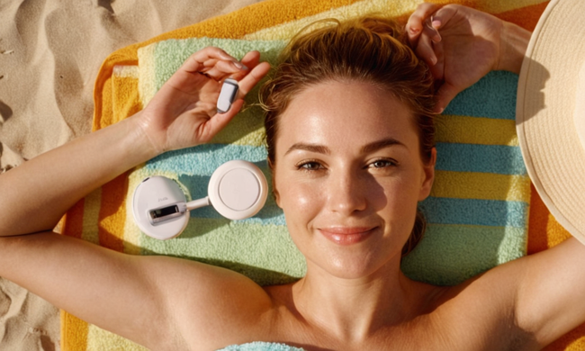 Una persona relajada en una toalla de playa, sosteniendo un gadget exfoliante con resultados felices del cuidado de la piel.