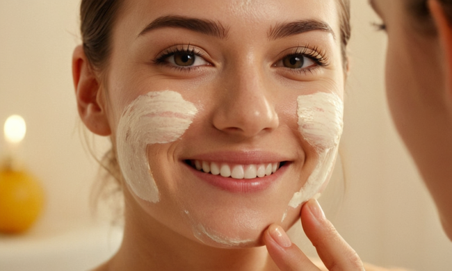 Una persona que aplica una crema exfoliante en su piel con una tez sonriente y radiante.