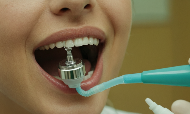 Cierre de la boca de las personas usando un dispositivo de riego dental con las manos higienistas dentales en el fondo.
