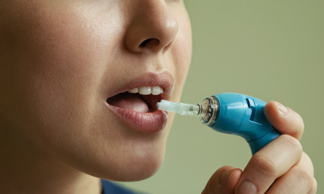Alguien sosteniendo un dispositivo de riego oral cerca de su boca con spray de agua visible.
