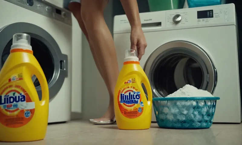 Mujer sosteniendo una botella de soda horneado cerca de la lavadora con paquetes detergente.